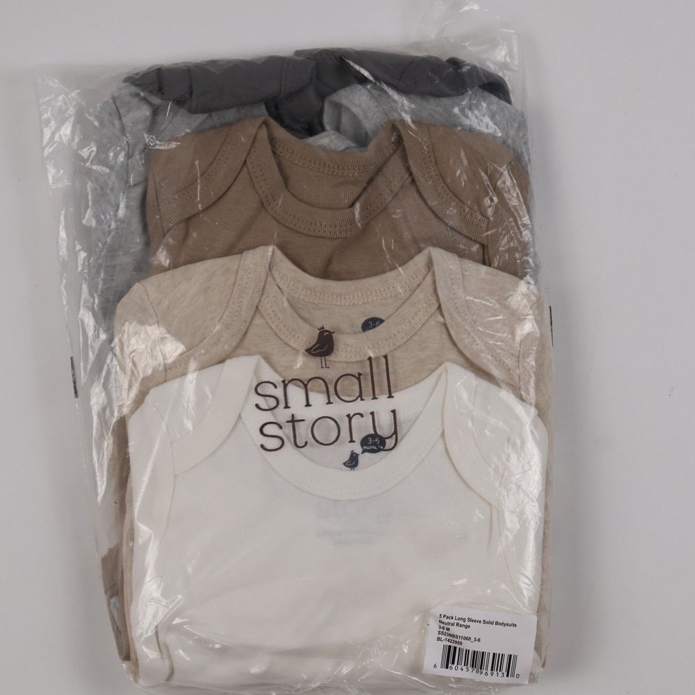 Small Story 5 Pack Long Sleeve Solid Bodysuits Neutral Range 3-6M New